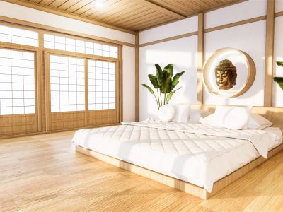 bedroom mock up with wooden bed in japan minimal design. 3D rendering.
